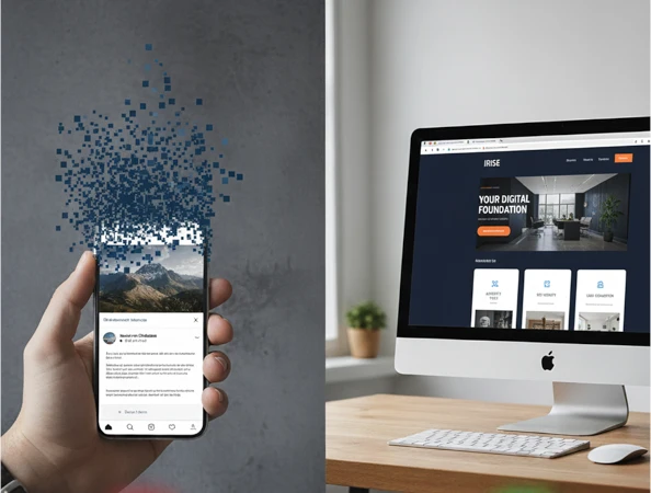 Um celular com feed de rede social se desintegrando, contrastando com um computador exibindo um site profissional e moderno em um ambiente de escritório realista
