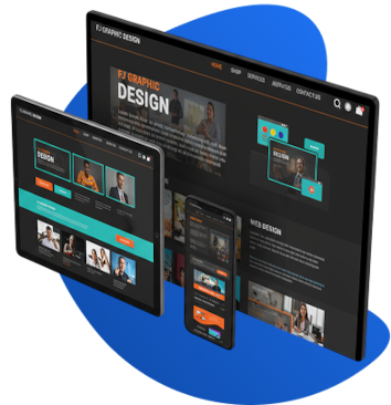 Uma tela de computador com páginas demostrando um design profissional, com um fundo azul